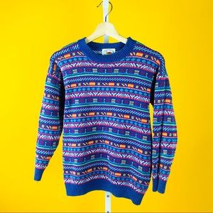 Colorful Blue Multicolor Knit Crewneck Sweater Top